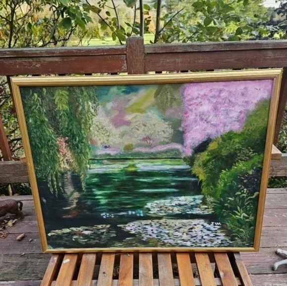 Vintage oil painting of a lily pond - Picture 1 of 11